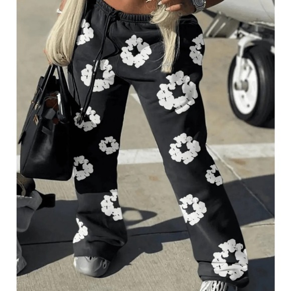 Blush Mark Pants & Jumpsuits Black With White Floral Wide Leg Pants Poshmark